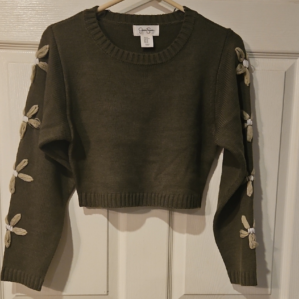 Jessica Simpson Olive Sweater with Floral Accents